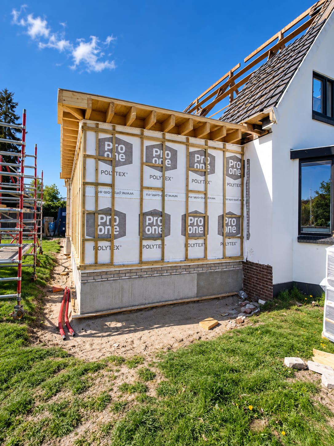 Houtskeletwand met Pro One Polytex bouwfolie, regelwerk en metselwerkplint tijdens de aanbouw in Aalsmeer.