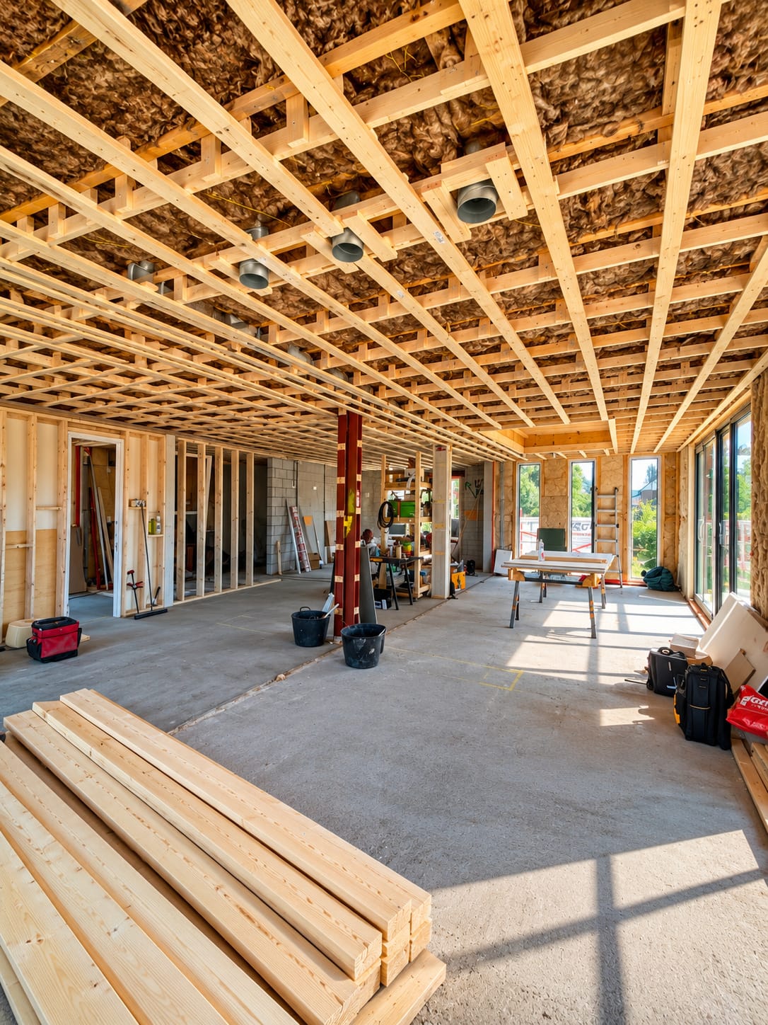 Binnenzijde van de woninguitbreiding met houten plafondregelwerk, isolatie en installatiekanalen in Aalsmeer.