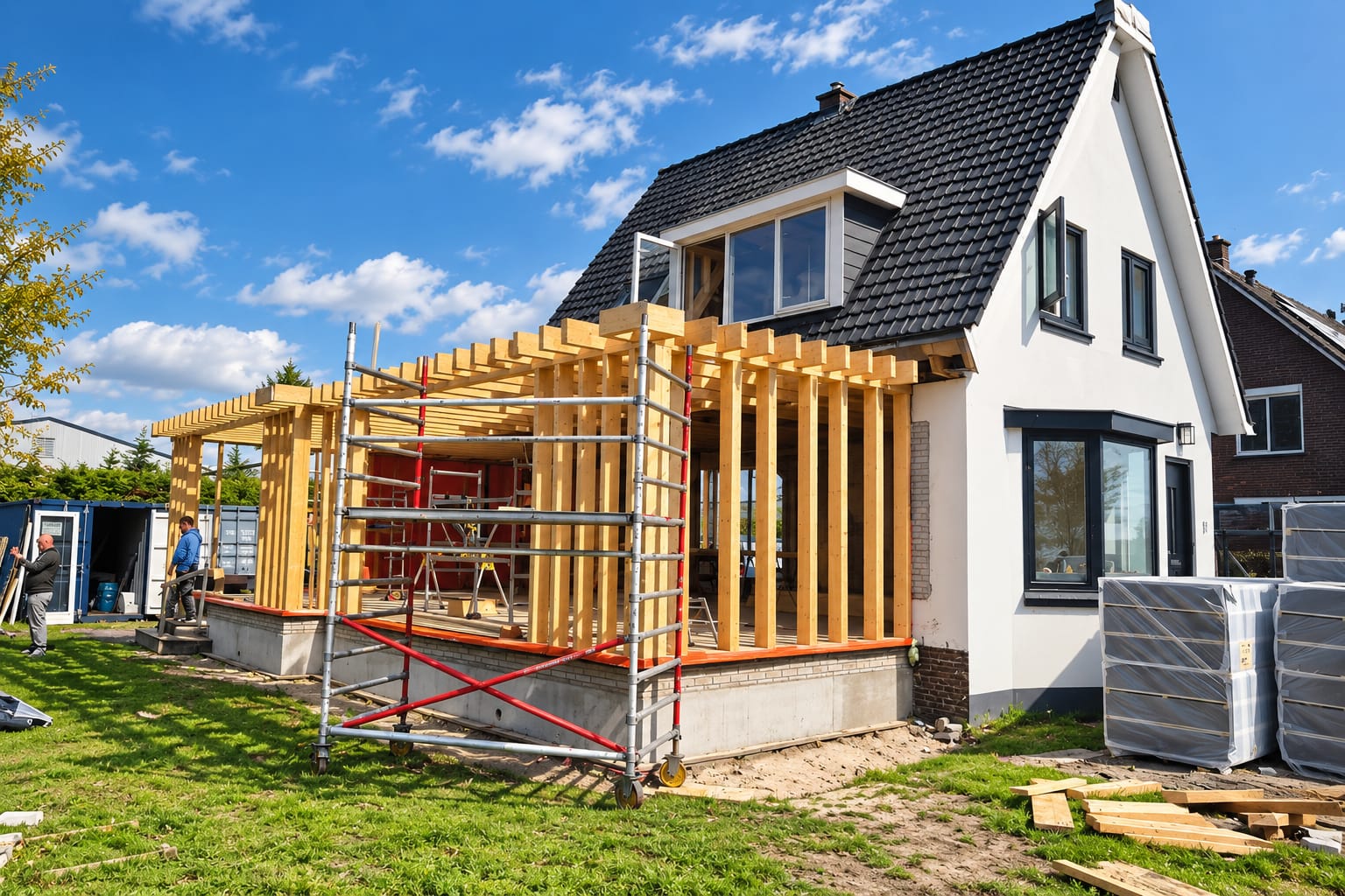 Overzicht van de nieuwe houten draagconstructie van de woninguitbreiding naast de bestaande woning in Aalsmeer.