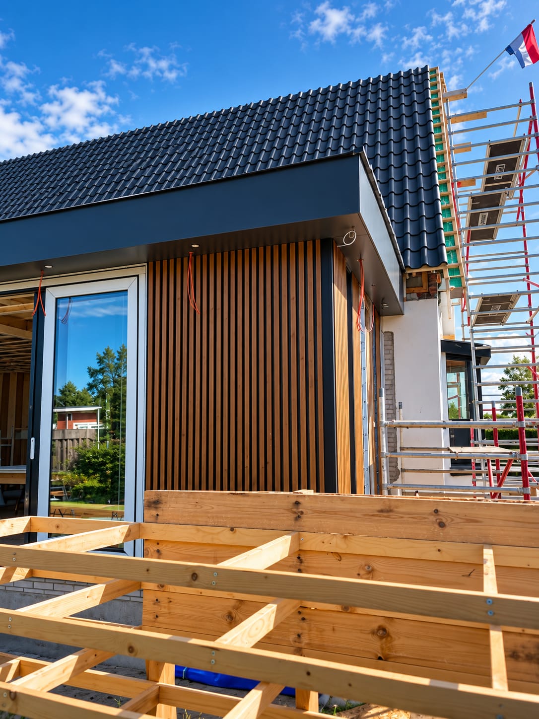 Aanbouw in Aalsmeer met houten gevelbekleding, kozijn, dakpannen en steigerwerk tijdens de bouw.