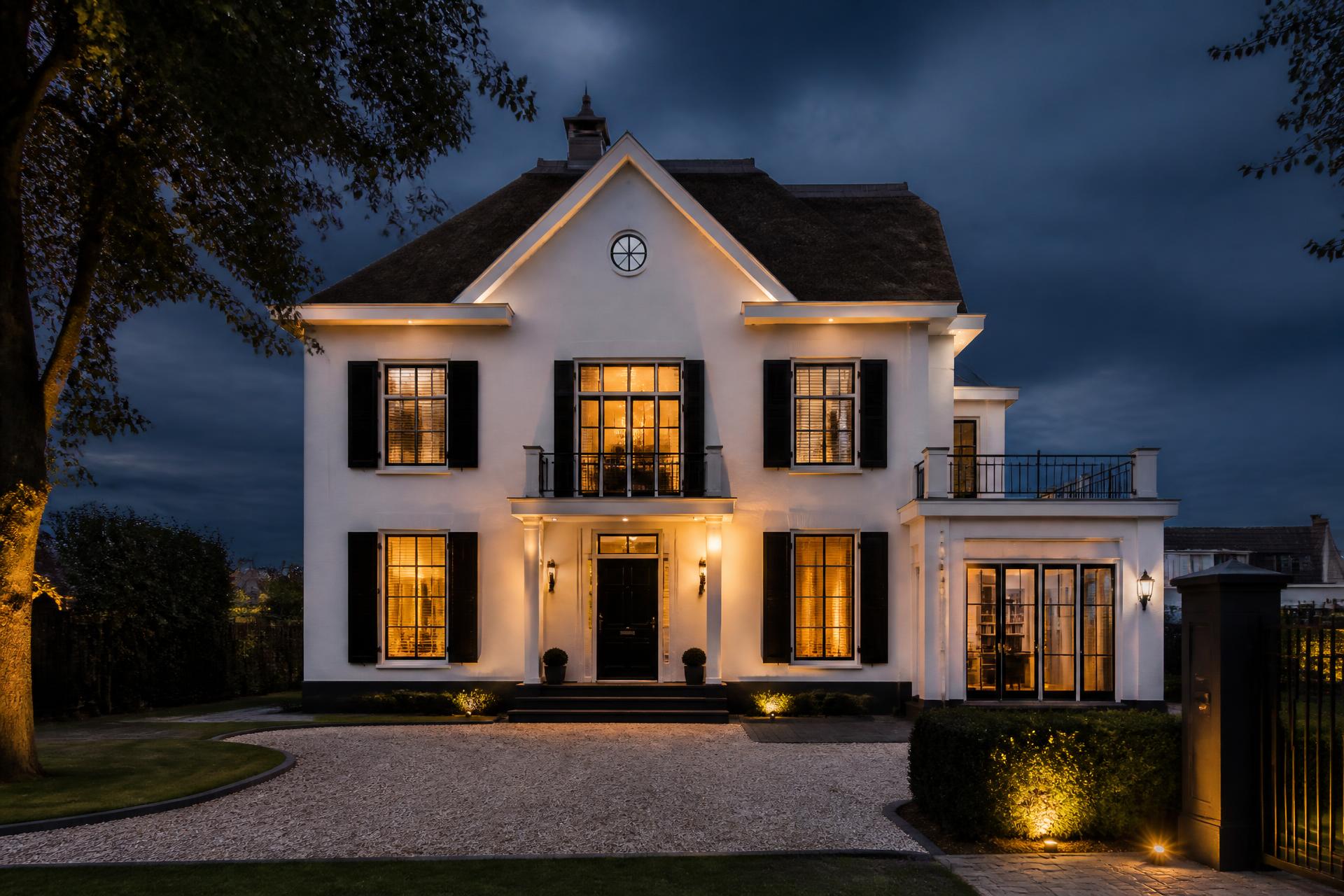 Monumentale villa met vakkundig geschilderd wit houtwerk in de avondschemering